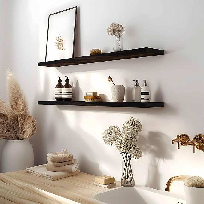 48 Inch Brown Wood Floating Shelves for Wall Rustic Wall Shelf for Bedroom Living Room Set of 4