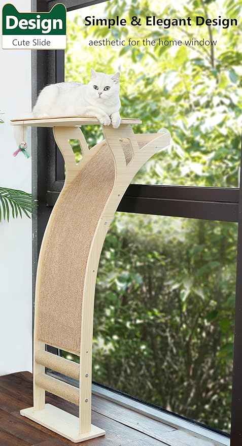Cat Window Perch with Scratcher Ramp, 48" Climbing Tree Suctions Cups to Window Maximum Hold Up to 45lb, Wood Kitty Bed for Small Window