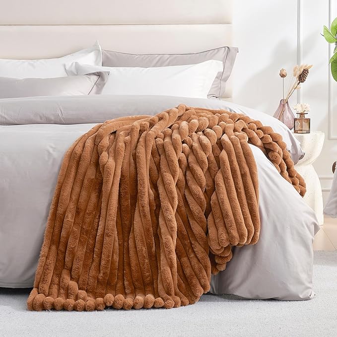 Amélie Home Faux Fur Throw Blanket for Couch, Cozy Fuzzy Fluffy Fur Luxurious Soft Striped Plush Gift Blankets for Family Sofa Chair Bedroom, 55"x70", Brown