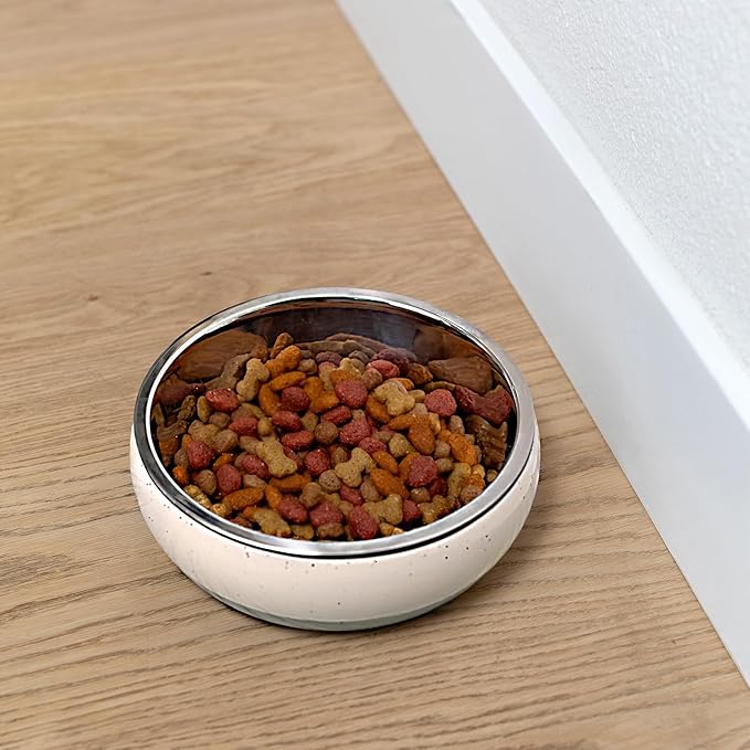 Fringe Studio Speckled Stripe Ivory Small Ceramic Pet Bowl W/Stainless Steel Bowl Insert (5" Diameter x 1.75" H, 13 fl.oz.), PetShop Collection (793SM001)