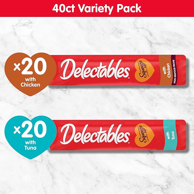 New! Delectables Squeeze Up Variety Pack, Creamy Squeezable Puree, Lickable Wet Cat Treats, Grain-Free, No Added Fillers, 0.5 Ounces Tube, 40 Tubes Total