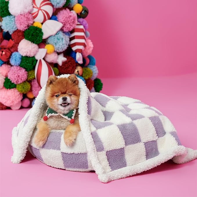 Lesure Waterproof Puppy Blanket for Small Dogs - Washable Double Sided Dog Blankets with Warm Jacquard Shag and Soft Sherpa Fleece, Pet Cat Blanket for Couch Protection, 3D Textured Cloud, Purple