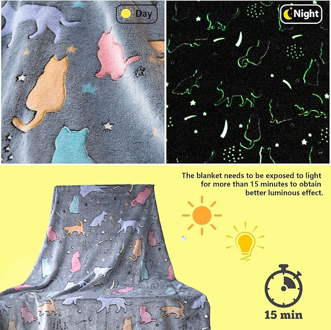 Halloween Best Gift Glow in The Dark Cute Cat Throw Blanket with Storage Bag, Soft Fuzzy Girls Kids Blankets, Birthday, Christmas, New Year Gifts for Girls Boys,Day Care Home Travel Use, 50"x60" Grey