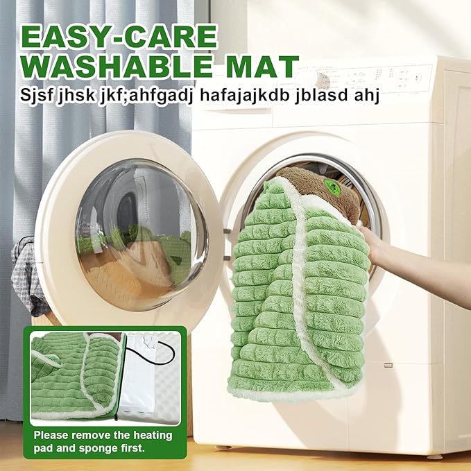 Heated Cat Bed Indoor Washable Bed Memory Foam Soft Dog Bed with Side Pillow, Smart Temperature Control Switch, Removable Cotton Sleeve Wash-Green (Green, 20 x 20 x 2 in)