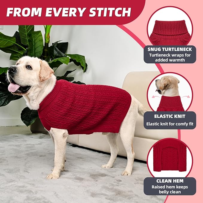 2 Pack Dog Sweaters for Big Dogs Turtleneck Pullover Cable Knit Large Size Stretch Clothes Pitbull Labrador Bulldog Doberman Boy Girl Pets Winter Clothes (XXL, Red & Green)