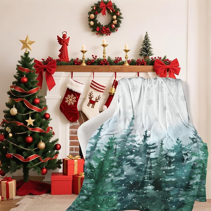 Christmas Throw Blanket Pine Tree Forest, Xmas Winter Snowflake Snowy Soft Blanket, Lightweight Warm Cozy Fleece Blanket for Couch Sofa Bed Holiday Decorations 40" x 50"