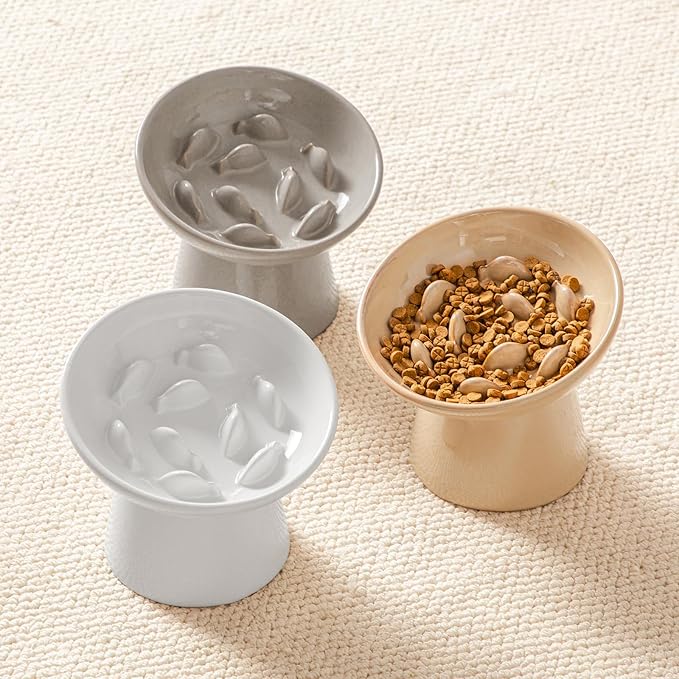 vancasso Ceramic Slow Feeder Cat Bowl, 6.25 Inch Elevated Cat Slow Feeder Bowl, Anti Vomiting for Dry and Wet Food, Brown