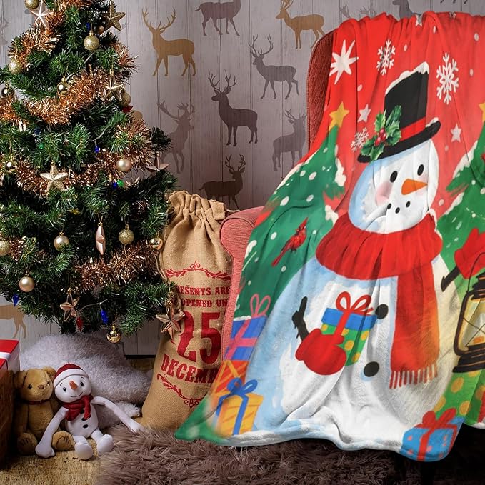 Xmas Snowman Blankets, Snowflake Christmas Tree Lightweight Anti Pilling Flannel Blanket, 50X60 in Soft Throw Blanket for Bed Couch Chair Living Bedroom Winter Decor