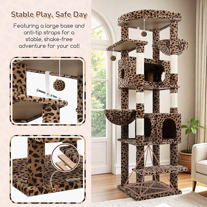 Globlazer Heavy Duty Cat Tree, 74inch Sturdy Cat Tower for Large Cats Adult, Big Cat Tree with 5 Sisal Scratching Posts, 2 Padded Cat Condos, 2 Hanging Baskets, Enlarged Top Perch, S74, Leopard Print