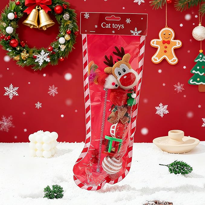 8PCS Christmas Cat Toys, Cat Christmas Stocking Toy Set for Indoor Cats & Kittens, Includes Santa, Reindeer, Balls and Spring Toy, Interactive Cat Chew Toy, Holiday Fun and Active Play