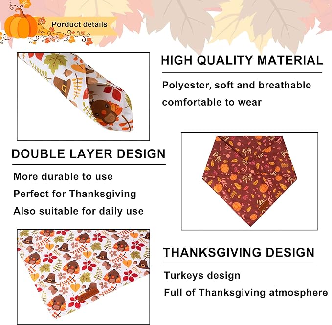 ADOGGYGO Thanksgiving Dog Bandana, Pumpkin Turkey Pet Scarf, Multi Size Offered, Fall Autumn Leaves Thanksgiving Bandanas for Extra Large Dogs Pets (X-Large)