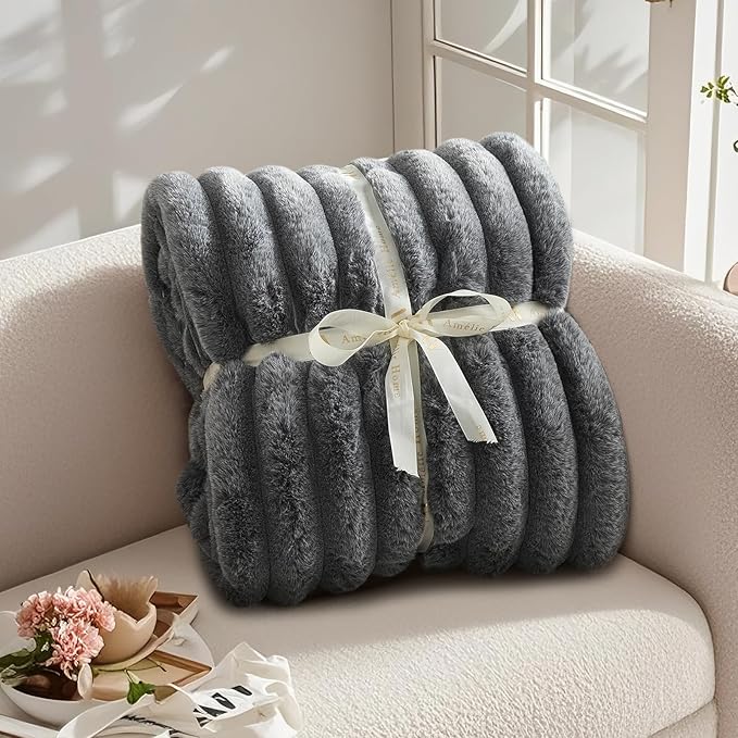 Amélie Home Faux Fur Throw Blanket for Couch, Ultra Cozy Fuzzy Fluffy Fur Luxurious Soft Striped Plush Gift Blankets for Family Sofa Chair Bedroom, 55"x70", Cationic Wolf Gray