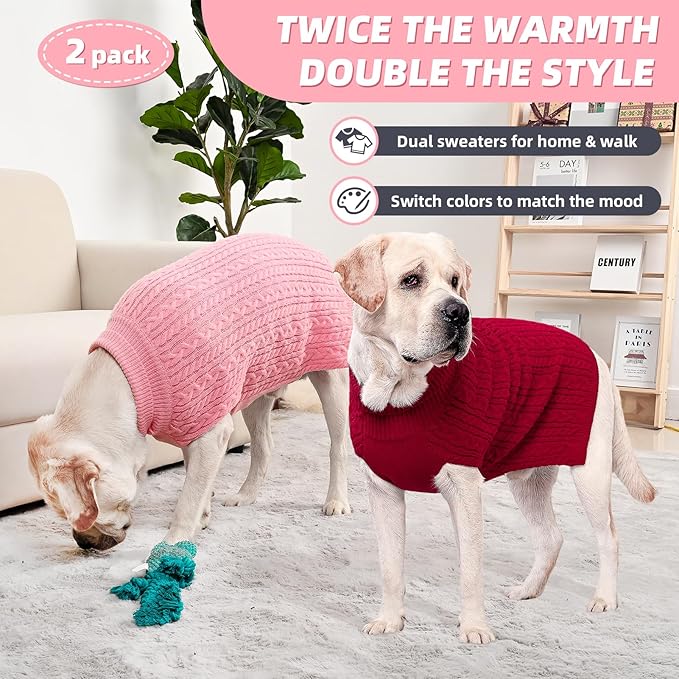 2 Pack Dog Sweaters for Big Dogs Turtleneck Pullover Cable Knit Large Size Stretch Clothes Pitbull Labrador Bulldog Doberman Boy Girl Pets Winter Clothes (XXL, Pink & Red)