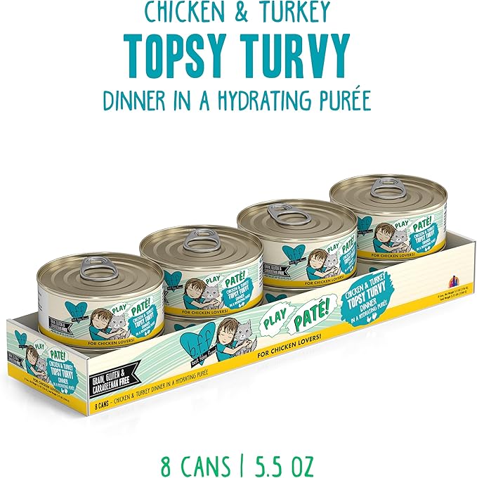 Weruva B.F.F. Play - Best Feline Friend Paté Lovers, Aw Yeah!, Chicken & Turkey Topsy Turvy with Chicken & Turkey, 5.5oz Can (Pack of 8)