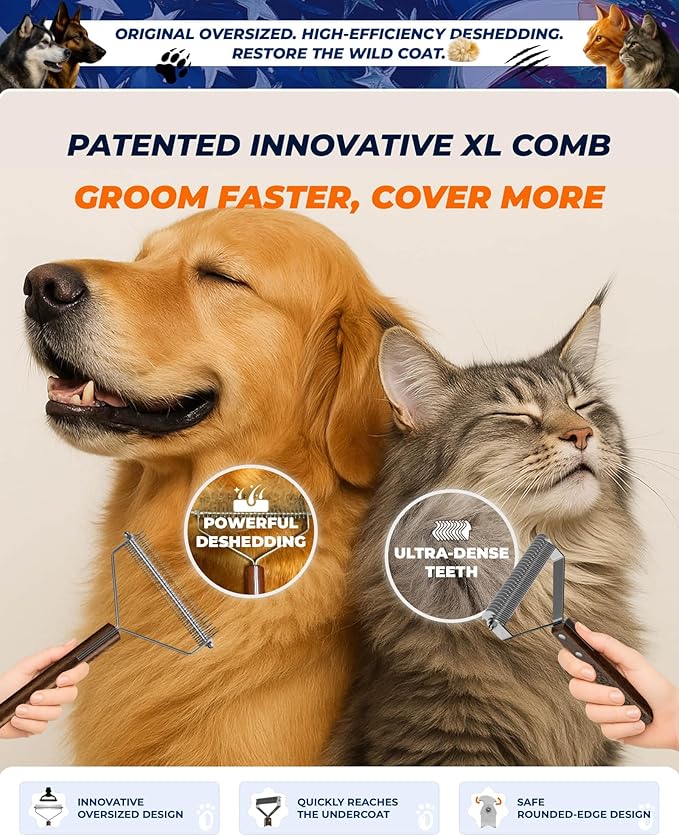 Extra Large 2-Sided Dog Brush For Shedding Undercoat Rake for Dogs & Cats, Remove Mats, Dematting Comb,Gentle Grooming Brush for German Shepherds Medium to Long-Haired Pets(Premium Walnut Handle)