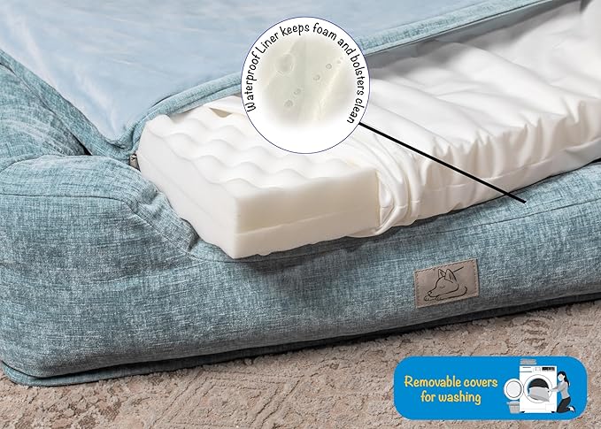 Furry's Paradise Foam Cuddler Waterproof Bolster Pet Bed with Reversible Cushion, Recycled Fibers and Non-Slip Bottom. (Shallow Seas, Orthopedic Small)