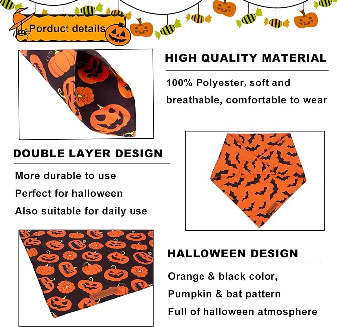ADOGGYGO Halloween Dog Bandana, Pumpkin Bat Pet Scarf, Premium Durable Fabric, Orange Black Halloween Bandanas for Small Dogs Cats Puppies (Small)