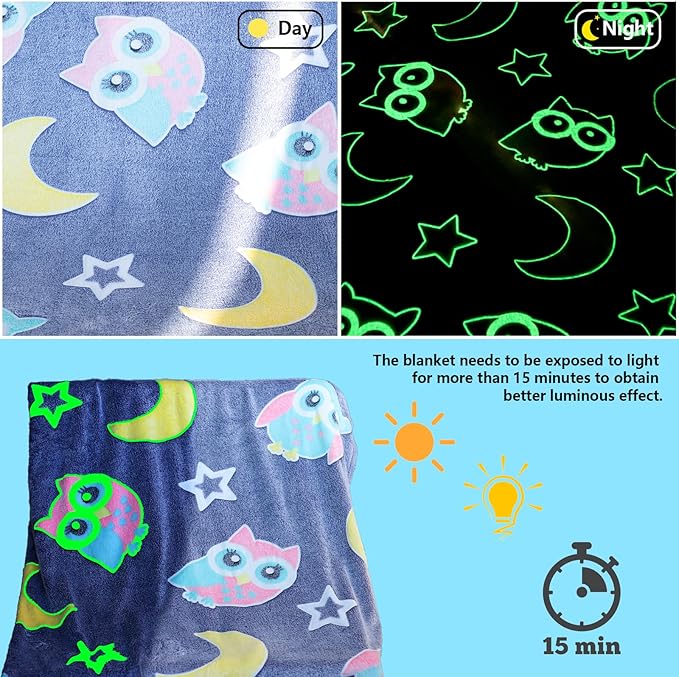 Best Gift Halloween Glow in The Dark Blue Cute Bird Throw Blanket with Storage Bag, Soft Throw Blanket for Boys Girls, Birthday New Year Gift, Kids Blanket, Day Care Home Use, 50"x60" Blue