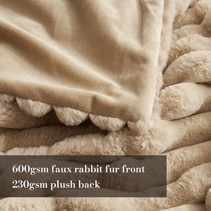 Amélie Home Faux Fur Throw Blanket for Couch, Cozy Fuzzy Fluffy Fur Luxurious Soft Striped Plush Gift Blankets for Family Sofa Chair, 60"x80", Beige