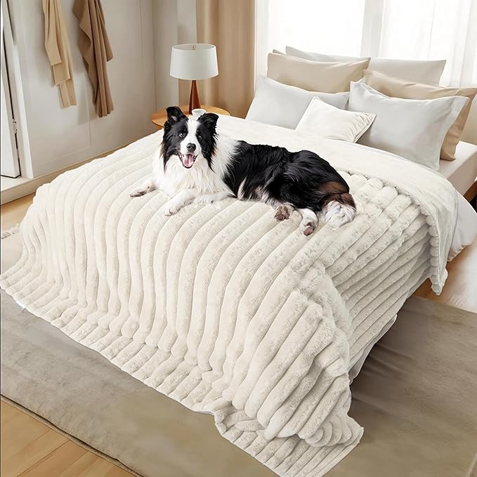 Waterproof Dog Blanket for Bed, Luxury Plush Washable Large Dogs Blankets for Furniture Protection, Super Soft Calming Pet Blanket for Indoors (Cream, 60"x80")