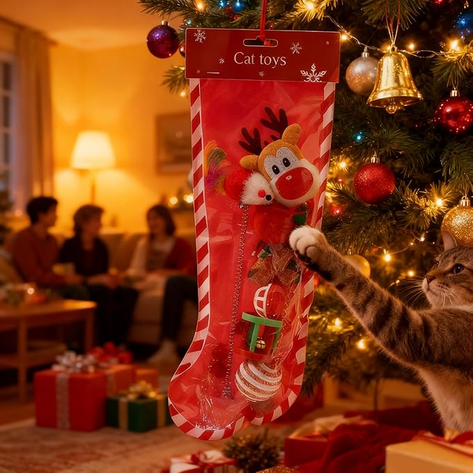 8PCS Christmas Cat Toys, Cat Christmas Stocking Toy Set for Indoor Cats & Kittens, Includes Santa, Reindeer, Balls and Spring Toy, Interactive Cat Chew Toy, Holiday Fun and Active Play