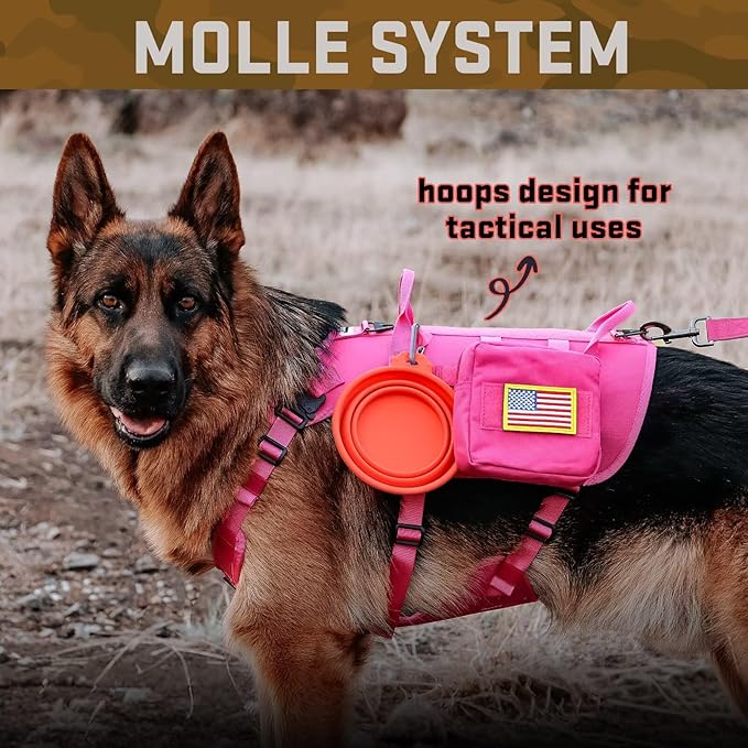 Forestpaw Pink Tactical Dog Harness for Large Dogs,Tactical Dog Collar with Bungee Leash Set,No Pull Military Dog Harness for Walking Training,Adjustable for Medium Large Dogs,Chest 21.5-45"