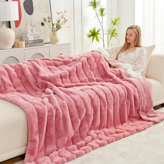 Cozy Bliss Faux Fur Throw Blanket for Couch, Cozy Warm Plush Striped Blanket for Sofa Bedroom Living Room, 60 * 80 Inches Pink