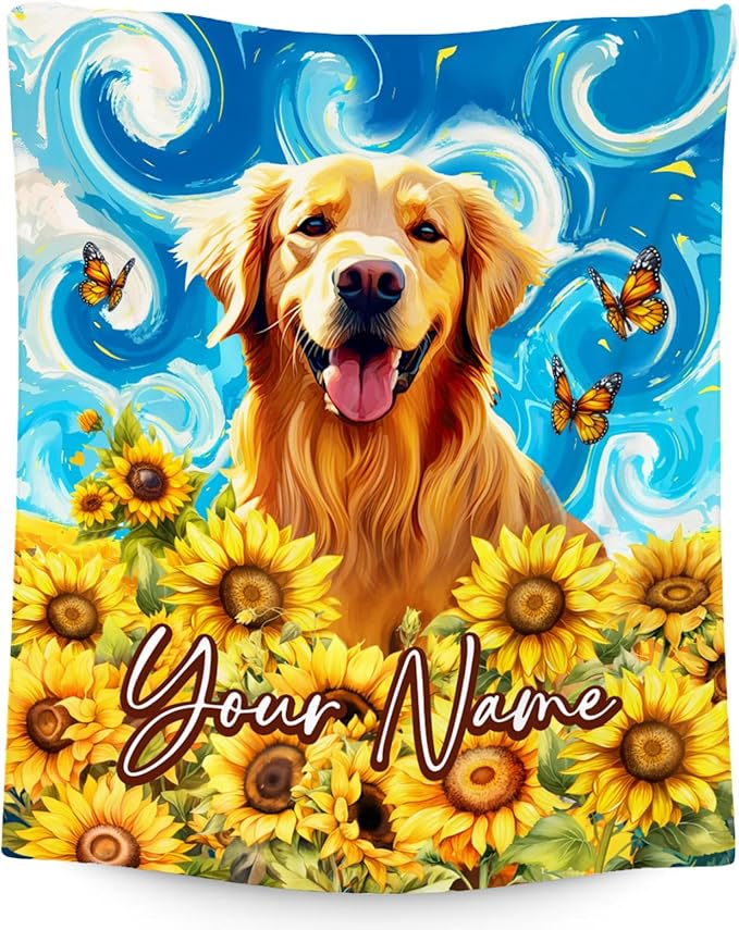 Golden Retriever Blankets for Boys/Girls/Women/Men - Customized Dog Blanket for Dog Lovers - Soft Cozy Lightweight Sunflower Throws Gifts - 4 Sizes