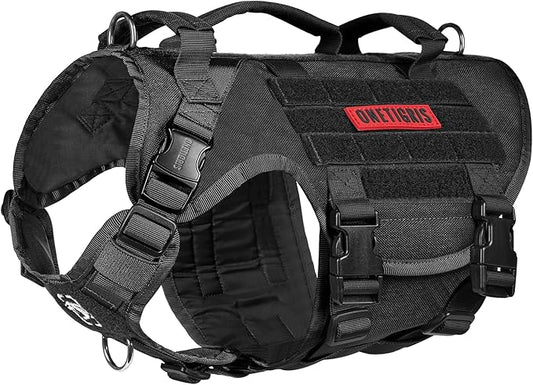 OneTigris Large Tactical Dog Harness, No Pulling Adjustable Dog Vest Harness, Heavy Duty Dog Harness with Handle, Large Hook and Loop Panels for Patch(Black,S)