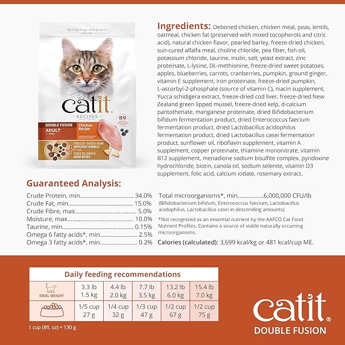 Catit Recipes Double Fusion Adult Cat Food – Chicken Recipe, High-Protein, Freeze-Dried Raw Toppings, No by-Products, Minimally Processed for Optimal Nutrition, 4 lb