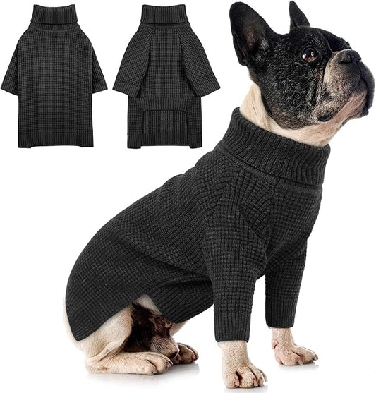 Queenmore Dog Sweater, Turtleneck Long Sleeve Knitted Dog Sweater with Check Pattern, Fall Winter Warm Dog Sweaters for Small Medium Large Dogs, Solid Pull-on Pet Sweater for Cats,Charcoal Gray S