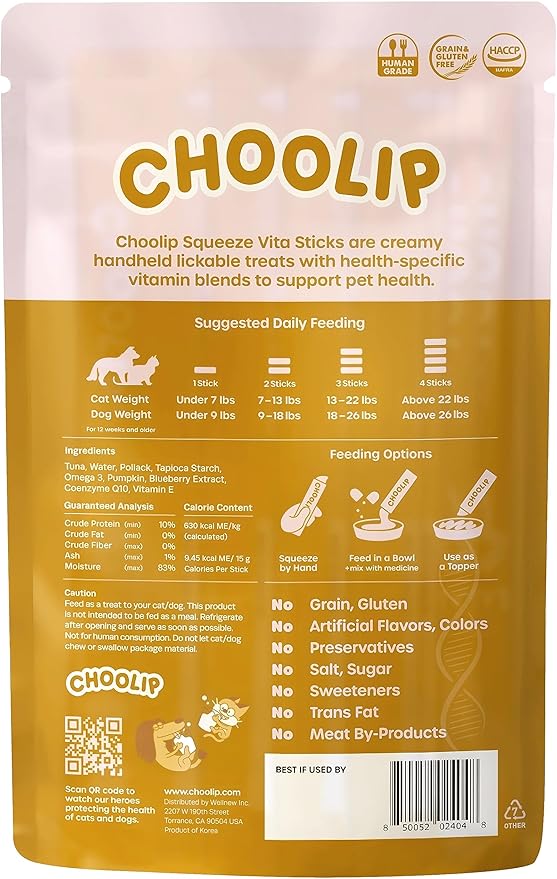 Choolip Squeeze Vita Stick Lickable Cat and Dog Treats – 7-Count Kidney Support Sticks with Multivitamins, Soft Squeezable Paste for All Life Stages, Supporting Kidney Health