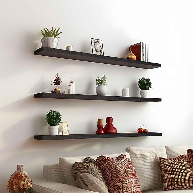 48 Inch Brown Wood Floating Shelves for Wall Rustic Wall Shelf for Bedroom Living Room Set of 4
