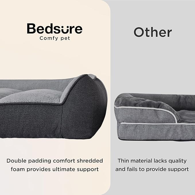 Bedsure Orthopedic Dog Beds Large Sized Dog - Extra Thick Supportive Large Dogs Bed with Waterproof Washable Cover, L Plus Comfort Pet Bed Sofa with Soft Plush Sherpa and Nonskid Bottom, Grey, 38"