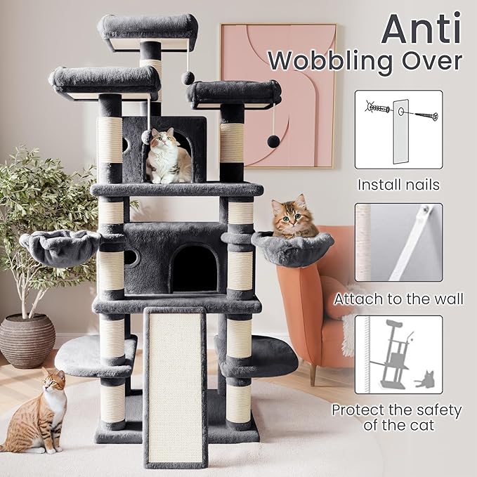SHA CERLIN 68 Inches Multi-Level Large Cat Tree for Large Kitties/Big Cat Tower with Condo/Cozy Plush Pussycat Perches/Sisal Scratching Posts and Hammocks/Activity Center/Dark Grey