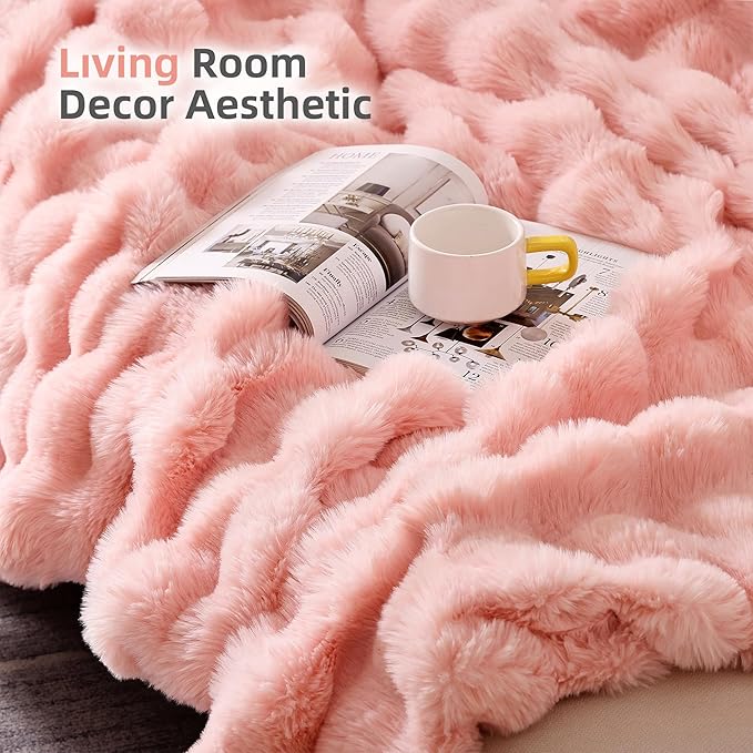 Smoofy Faux Fur Blanket Rabbit Fleece - Blush Pink Fluffy Blanket for Sofa, Cozy Soft Plush Throw Blanket for Couch Bed, Luxury Thick Fuzzy Couch Blanket for Winter, Comfy Bubble Blanket - 60" x 80"
