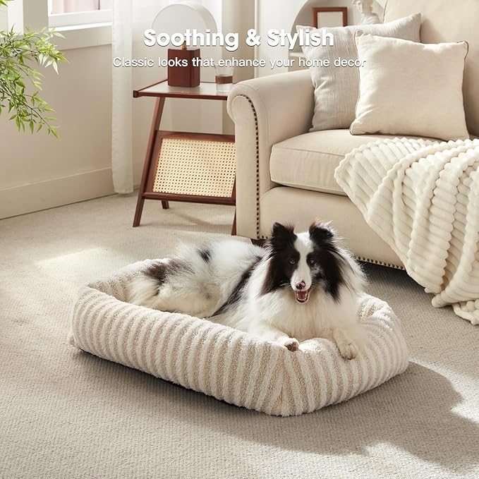 MIXJOY Dog Bed for Medium Sized Dogs, Washable Medium Dog Beds with Removable Cover, Rectangle Pet Beds with Non-Slip Bottom, Warming Calming Dogs Cuddler, 25"x21"x7", White