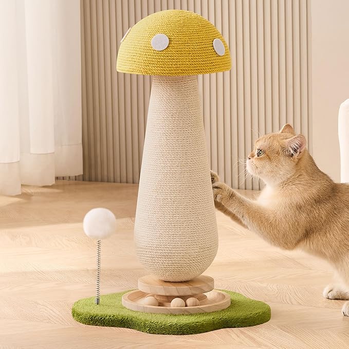 Mushroom Cat Scratching Post Cat Tree, 21.5โโ H Cute Cat Scratcher Tower with Durable Solid Wood Turntable Toy, Lemon Yellow Mushroom Scratch Post Cat Sisal Scratcher with Catnip for Indoor Cats