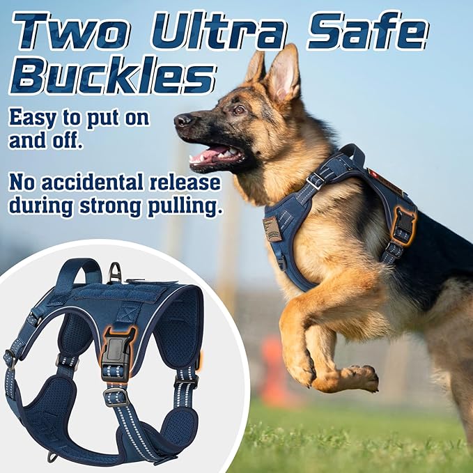 rabbitgoo Tactical Dog Harness for Large Dogs, No Pull Military Service Vest with Handle & Molle, Easy Control for Training Walking, Adjustable Reflective Straps, Blue, L