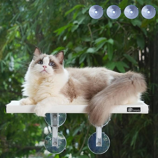 21" Large Cat Window Perch, Foldable & Cordless, Holds Up to 60lbs, Preassembled, 4 Extra Suction Cups, Sturdy Support, Textilene Bed, Easy Clean & Quick Dry - White