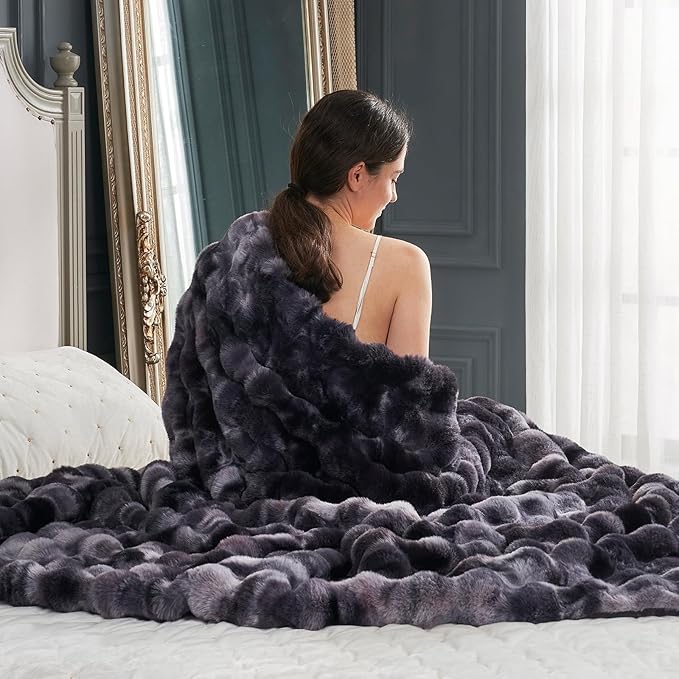 Cozy Bliss Faux Fur Throw Blanket for Couch, Fuzzy Soft Plush Thick Bubble Blanket for Sofa Bedroom Living Room, 60 * 80 Inches Tie Dye Black