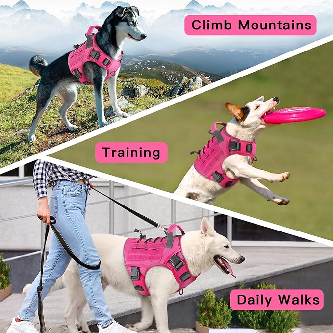 WINGOIN Pink Tactical Dog Harness for Large Dogs, Heavy Duty No Pull Dog Harness with Handle, Adjustable Reflective Military K9 Big Pet Vest for Husky, Doberman, Walking, Training, Hunting (XL)