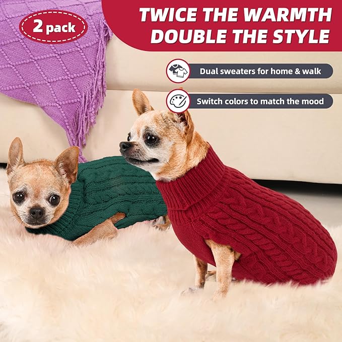 2 Pack Dog Sweaters for Small Dogs Turtleneck Pullover Cable Knit Puppy Stretch Clothes Chihuahua Yorkie Pomeranian Toy Poodle Boy Girl Pets Winter Doggie Clothes (XS, Red & Green)