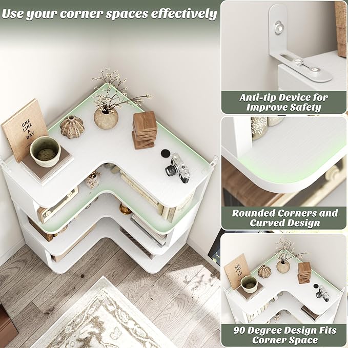 Armocity Corner Book Shelf - 4 Tier Corner Bookshelf Etagere Bookcase with Baffle, Freestanding L Shaped Display Shelf Stand for Home Office, Living Room, Bedroom, Kitchen, White