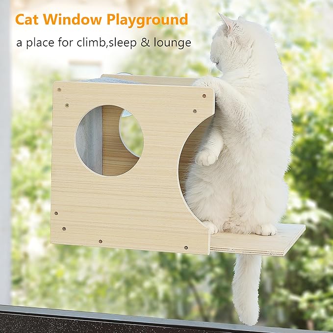 Window Cat Perch Shelves for Inside, Sturdy Wood Climbing Seat Mounted with Heavy Duty Suction Cups, Corner Window Bed for Overlooking and Sleeping(Right)