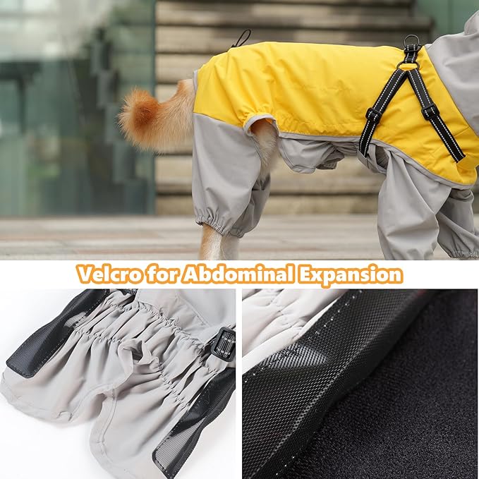 LIANZIMAU Waterproof Dog Raincoat 4 Legs with Leash Hook Reflective Adjustable Belly Strap Clear Hood Lightweight Polyester for Small Medium Large Dogs