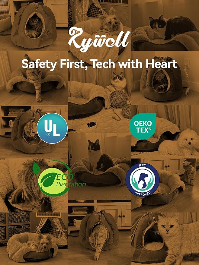 Rywell Heated Cat Bed, Versatile Heated Cat Bed Indoor, Soft & Cozy for All Seasons, Always Perfect Temperature with Overheat Protection Pet Bed for Cats & Small Dogs