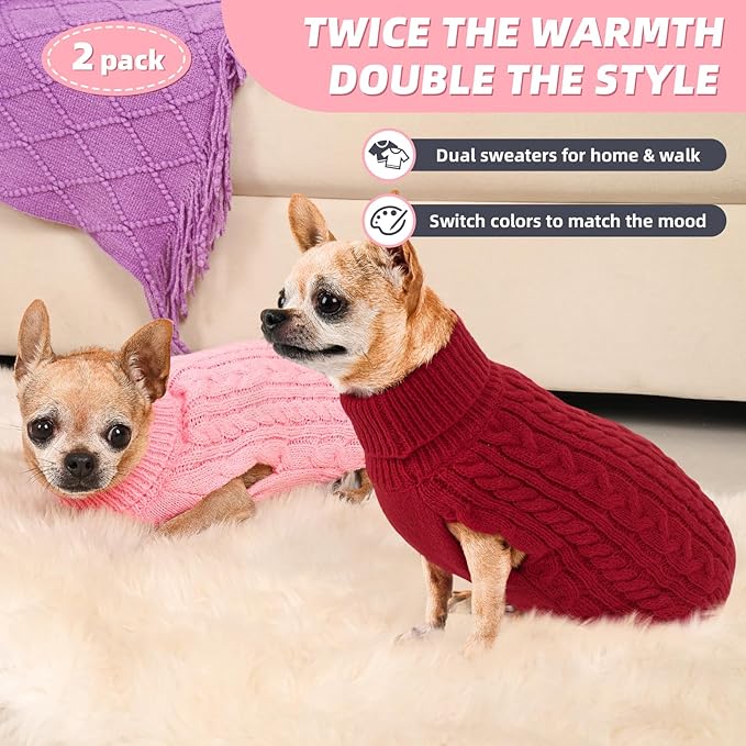 2 Pack Dog Sweaters for Small Dogs Turtleneck Pullover Cable Knit Puppy Stretch Clothes Chihuahua Yorkie Pomeranian Toy Poodle Boy Girl Pets Winter Doggie Clothes (S, Pink & Red)