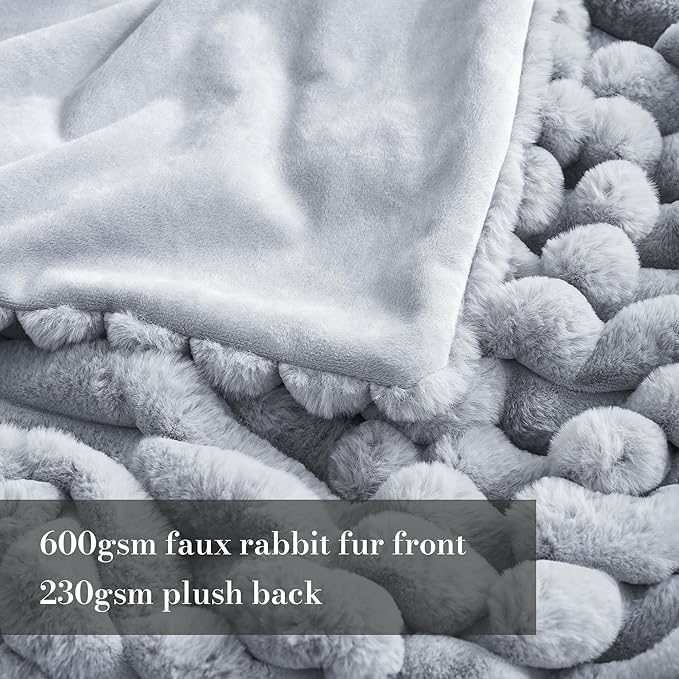 Amélie Home Faux Fur Throw Blanket for Couch, Cozy Fuzzy Fluffy Fur Luxurious Soft Striped Plush Gift Blankets for Family Sofa Chair, 60"x80", Light Grey