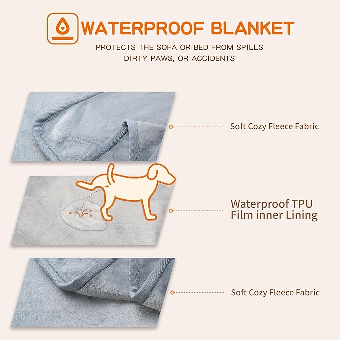 Waterproof Dog Blankets Light Grey, 30"x40" Cat Blanket for Indoor Cats, Soft Fluffy Sofa Car Bed Protector, Reversible Leakproof Flannel Puppy Blanket for Small Medium Dogs